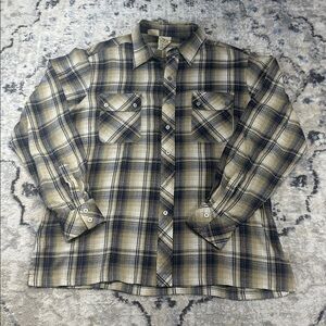 Kennington Men’s XL Beige Navy Plaid Flannel Button-Up Shirt
